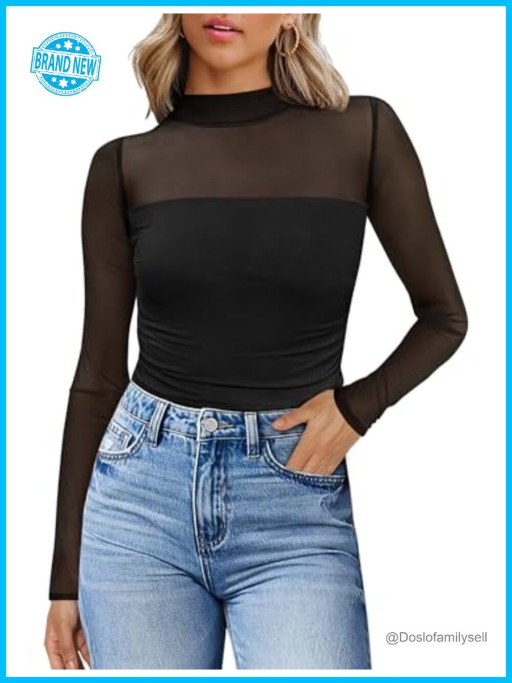 Womens Sheer Mesh Long Sleeve Top Mock Turtleneck Ruched Blouse